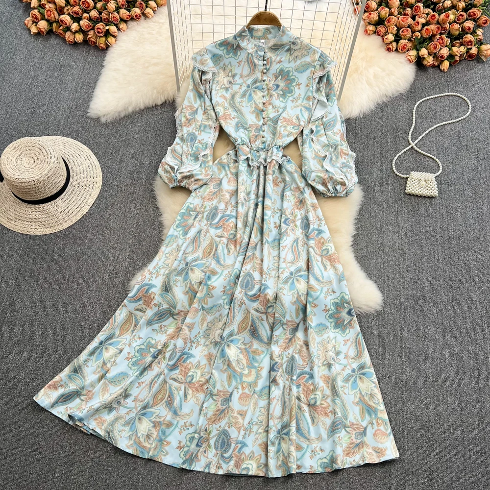 

Spring Light Luxury Celebrity Temperament Stand Collar Ruffle Waist Closing Thin Print Dress Elegant Big Swing Dress