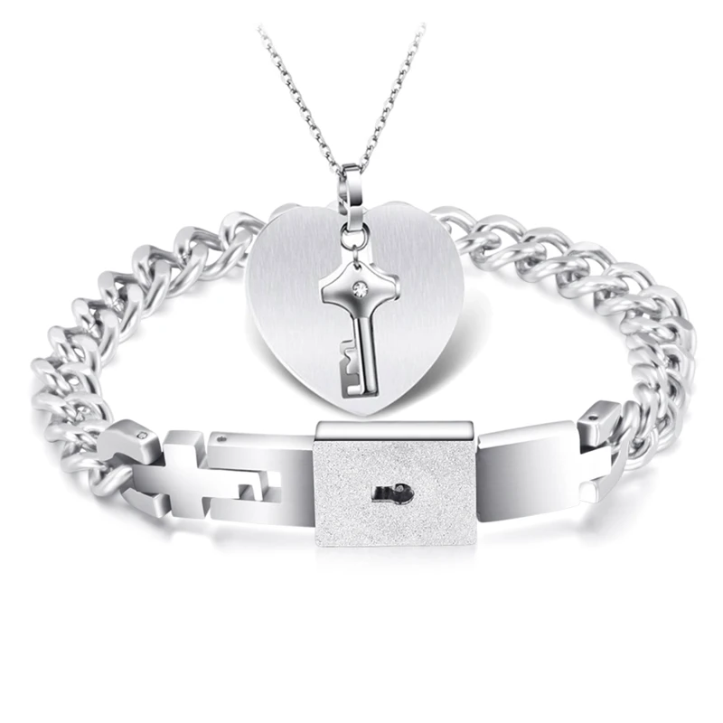

Couple Jewelry Bracelet Love Heart Lock Bracelet Key Pendant Necklace Set