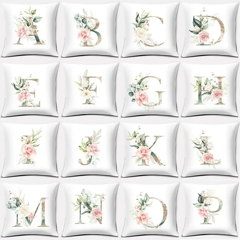

Green Flowers and Letters Series Pillow Gift Home Office Decoration Pillow Bedroom Sofa Car Cushion Cover