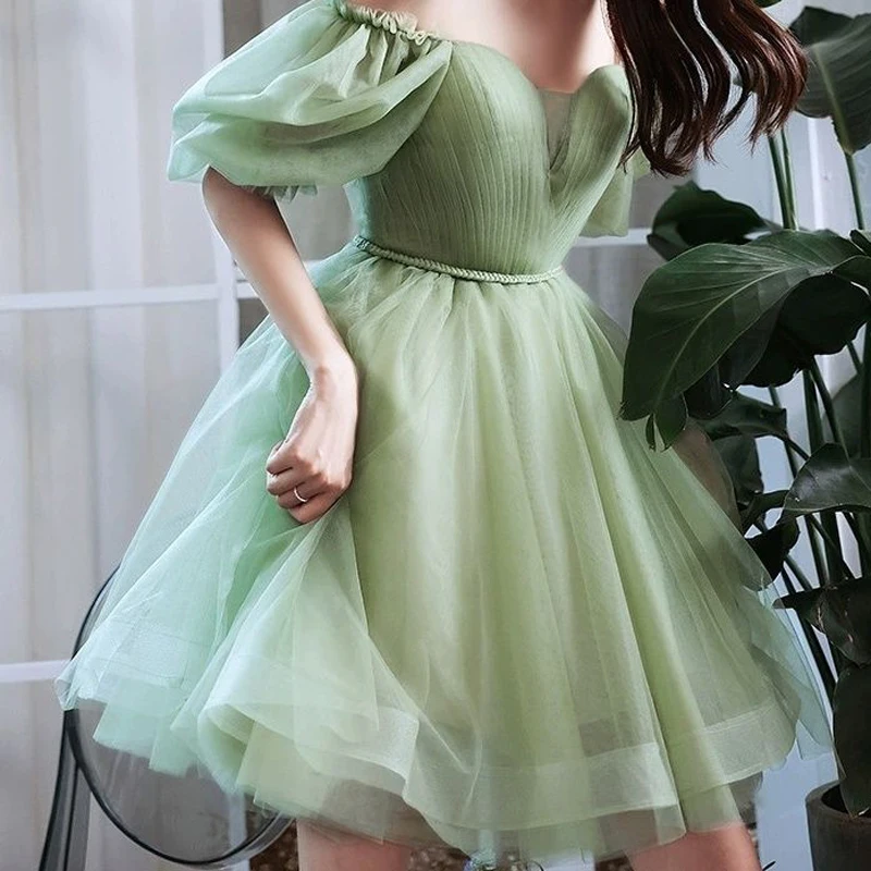 Green  Sweat Puff Sleeve Lady Girl Women Princess Bridesmaid Banquet Party Ball Prom Short Dress Gown Sexy Bandeau Backless Club