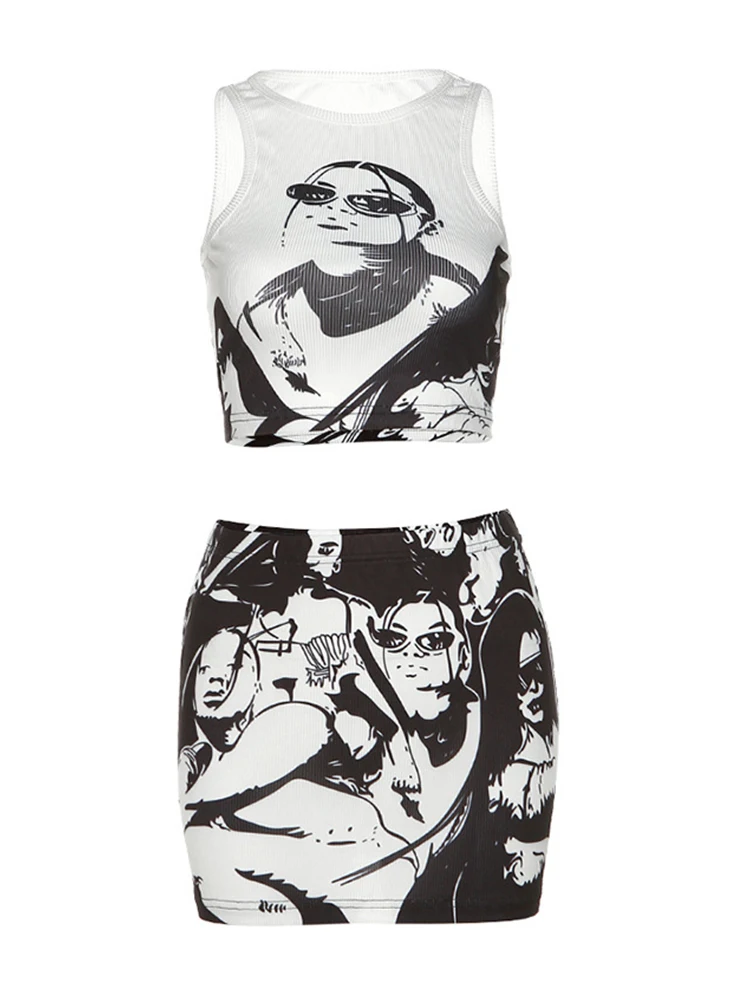 

Sexy Women Vintage Slim Nightclub Party Outfits 2 Piece Set Denim Crop Tops Sleeveless + High Waist Elegant A-line Mini Skirts