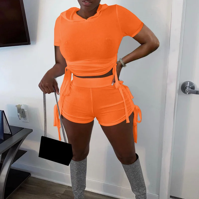 

Женский спортивный костюм из двух предметов FUDA, однотонный костюм для активного отдыха с капюшоном и шортами на завязках, спортивный костюм...