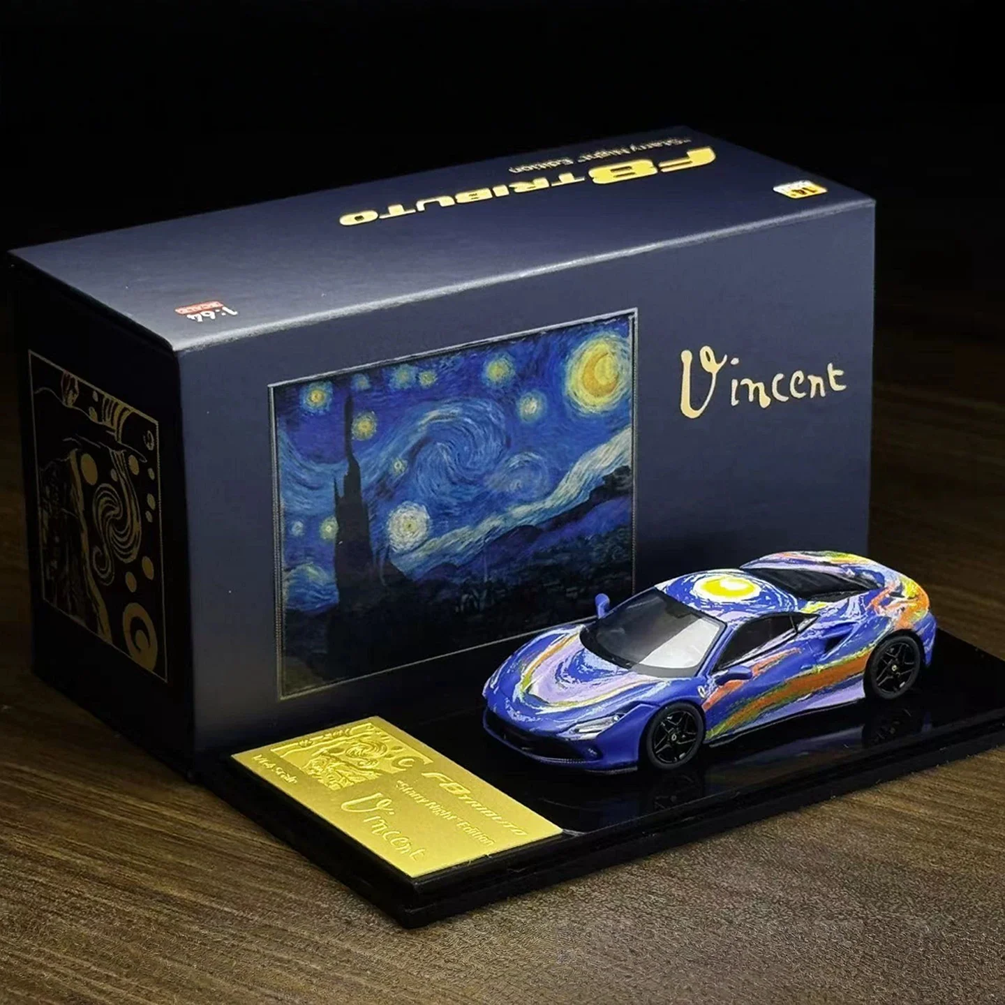 Фото В наличии 1:64 миниатюрная модель автомобиля Karium F8 Tributo Van Gogh из литого под давлением сплава, украшение для взрослых, игрушка для мальчиков, подарок на день рождения для детей. №3