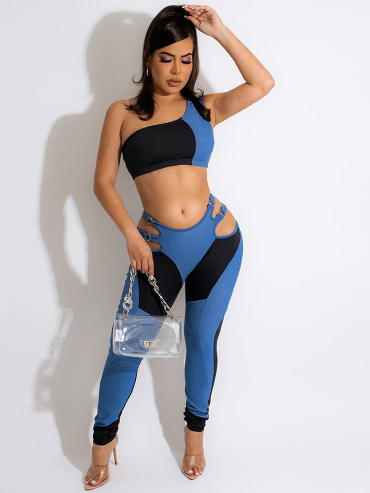 

Sporty Color Block Two Piece Set Women Skinny Inclined Shoulder Tank Crop Tops and Side Cut Out Stretchy Pants Workout Outfits