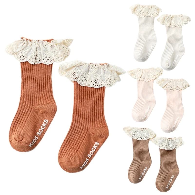 

Toddler Infant Baby Girls Knee High Socks with Grips Ruffled Lace Ribbed Knit Solid Color Non-Skid Cotton Long Stockings