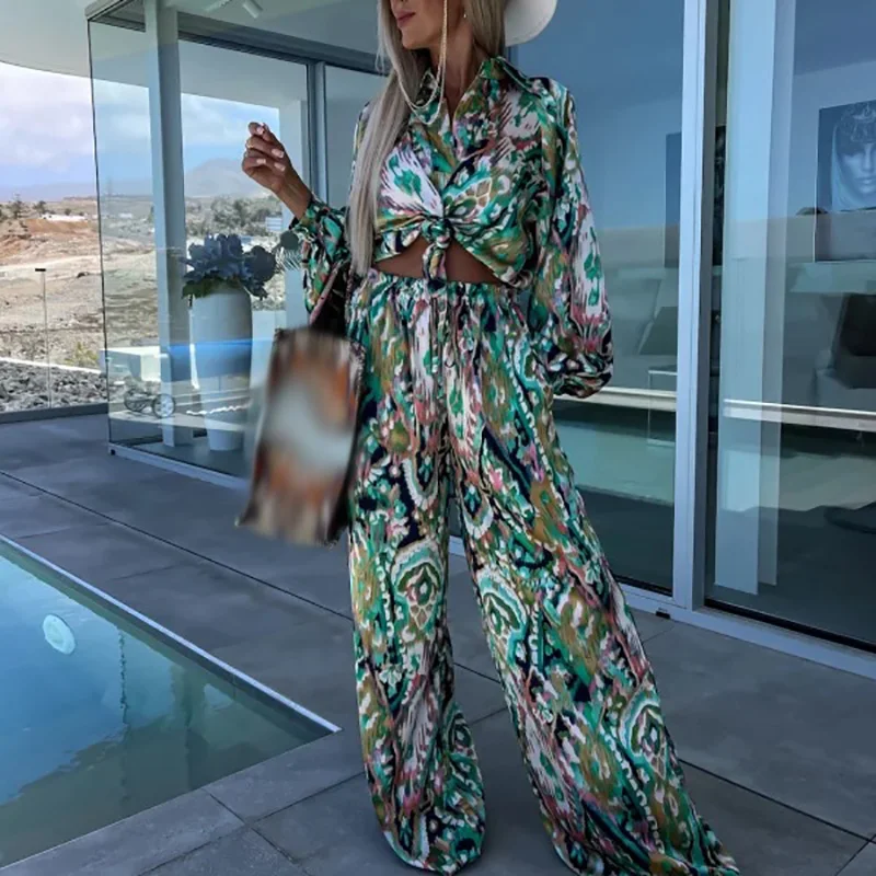 

Spring Summer Casual Sets Retro Lapel Shirt with High Waist Long Pants Women Suits New Fashion Vacation Printed Bohemian Outfits