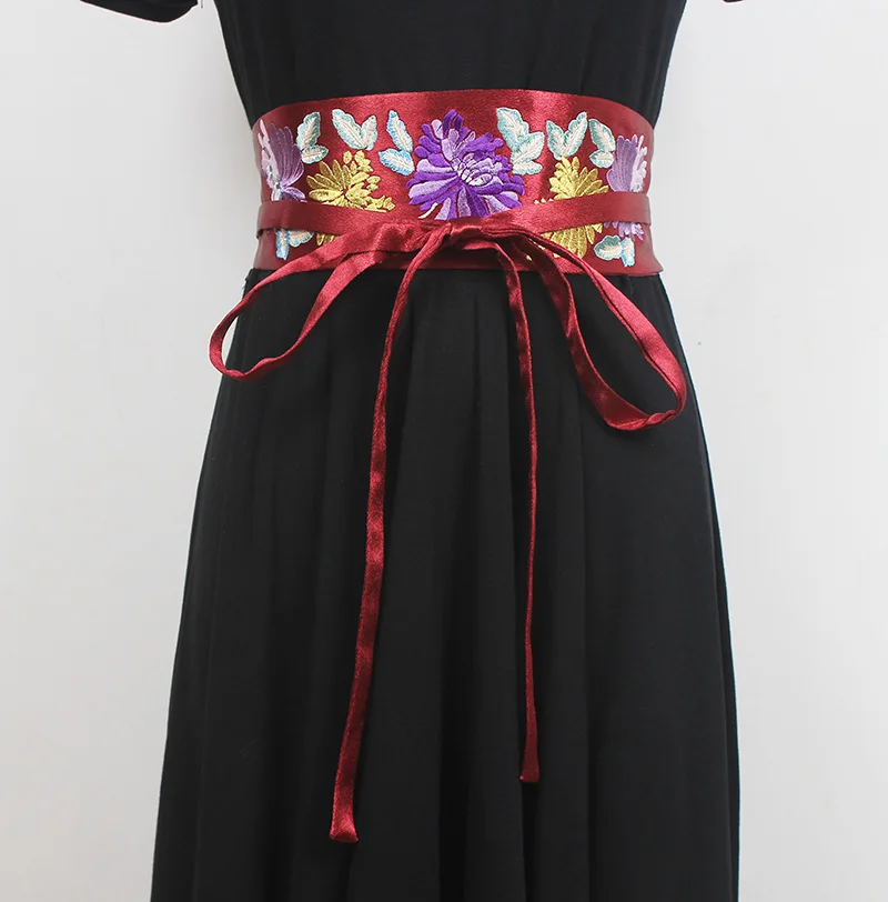 Ethnic Style Women's Girdle Embroidered Flower Kimono Hanfu Dress Accessories Suede Wide Belt Straps