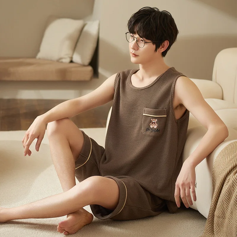 New Design Men Summer Pyjamas Sleevelss Cotton Eco Friendly Fabric Casual Homewear Male Pajama Sets