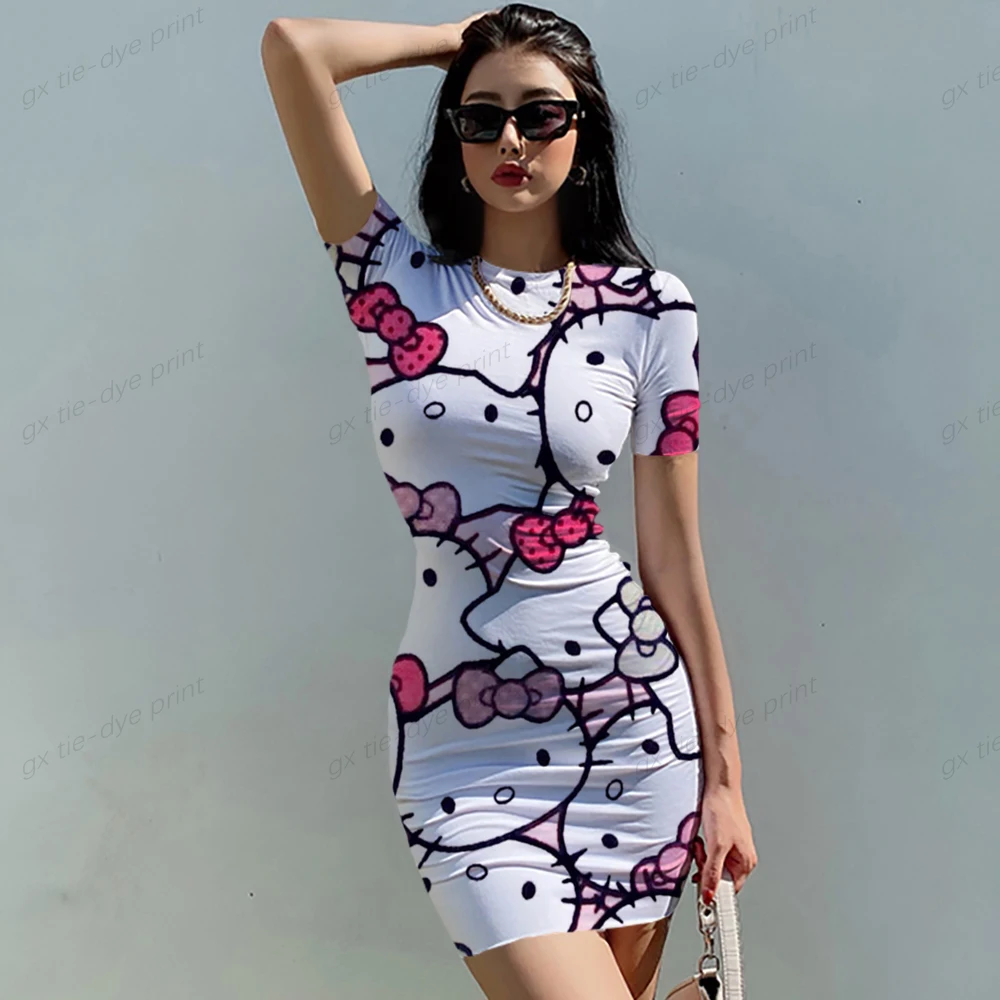 

Платье-миди с коротким рукавом, круглым вырезом и принтом Hello Kitty