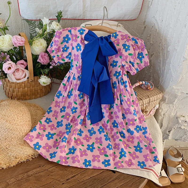 

Girls Floral Dress 2023 Summer Puff Sleeves Backless Princess Beach Dresses 3-7 Years Vestidos Children Fahsion Korean Clothes