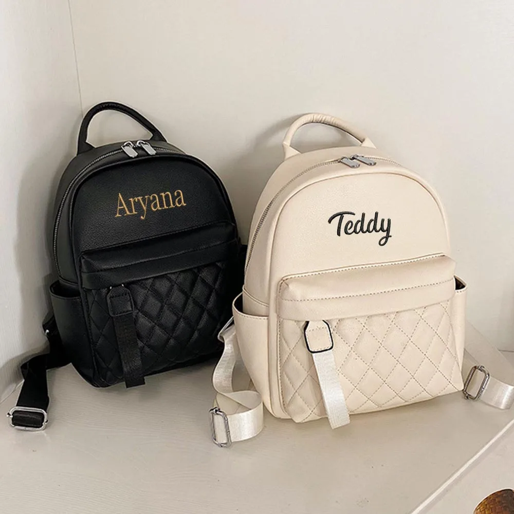 Embroidery Name Backpack Women's PU Bag Fashion Ladies Gift High Quality PU Backpack Personalized Girls Outdoor Small Backpack