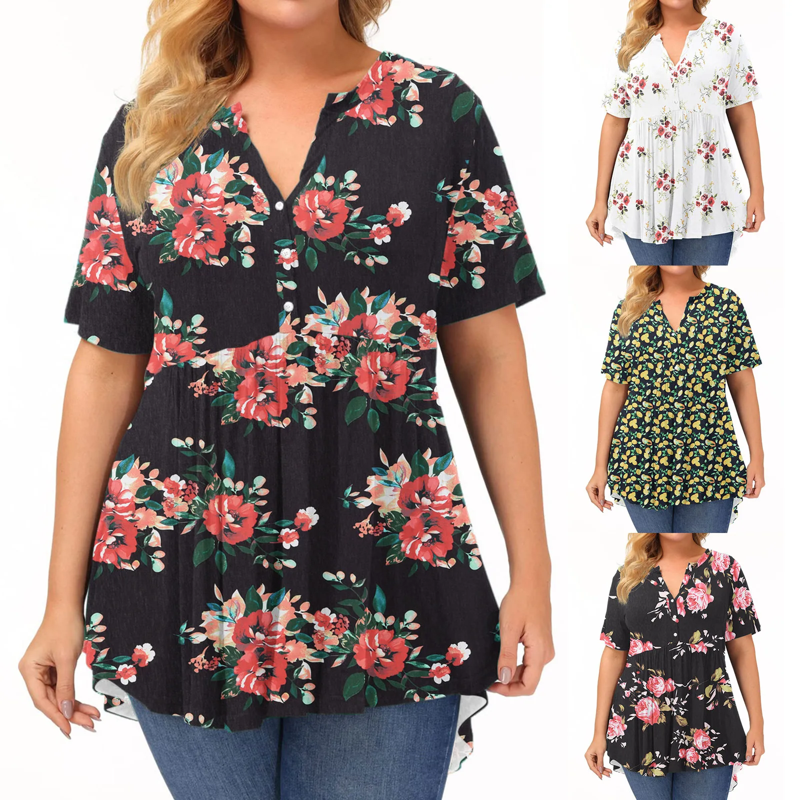

2023 Plus-size Floral Sexy Button Casual Short-sleeved Waisted T-shirt Oversized T Shirt Women Clothes 4XL 5XL Graphic T Shirts