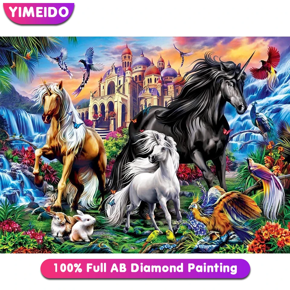 

YIMEIDO New 5D DIY Full 100% AB Diamond Painting Kits Animal Horse Diamonds Embroidery Scenery Castle Mosaic Wall Art Home Decor