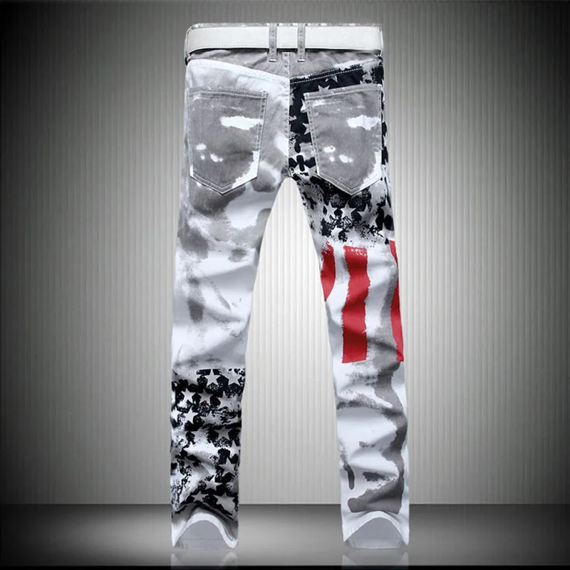 Plus Size Men's White Jeans Men Fashion Casual Printed Straight Jeans Pants Stretch Skinny Denim Jogger Trousers