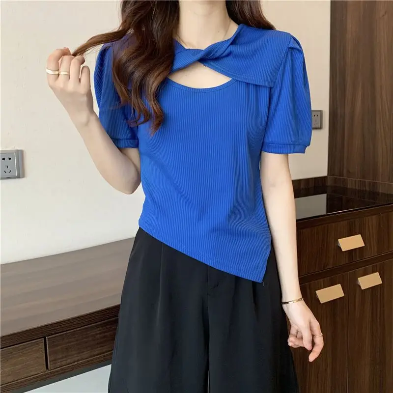 

Stylish Loose Folds Shirring Hollow Out Puff Sleeve Blouse Female Clothing 2023 Summer New Casual Pullovers Tops Irregular Shirt