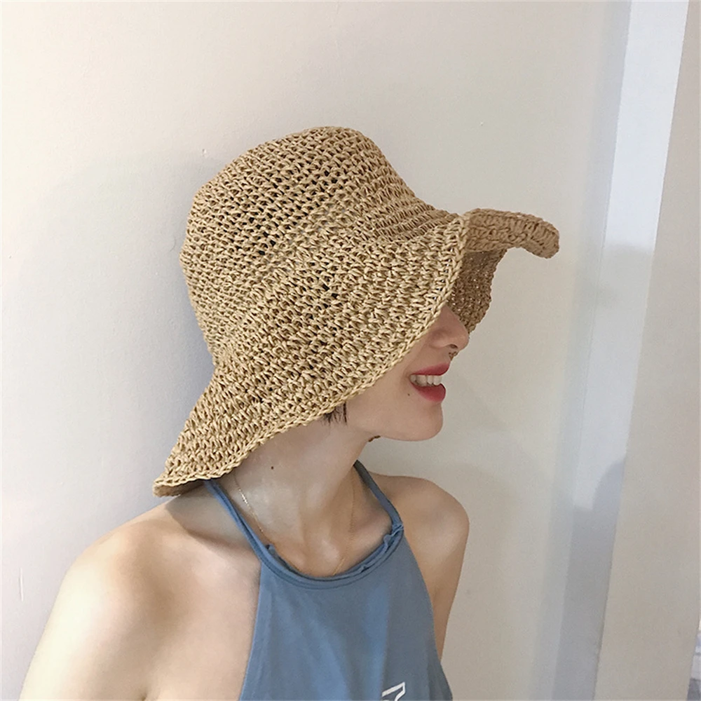 

2023 Simple Raffia Sun Hat Retro Wide Brim Floppy Summer UV Protect Hat Women's Beach Panama Straw Hat Dome Fisherman Shade Cap