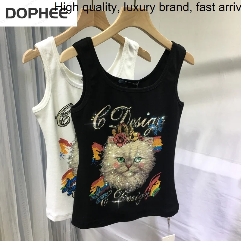 

Hot Cute Cat Drilling Female Vests 2023 New Luxurious Inner Wrap Chest Straps Shining Top Outside Wearing Camisole Tanks Tops