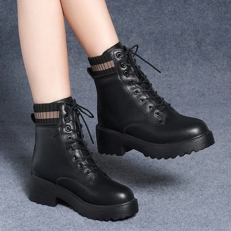 

Women's Autumn Winter Fashion 2022 Zipper Round Toe Short Leather Boots Woman Casual Platform Motorcycle Goth Shoes