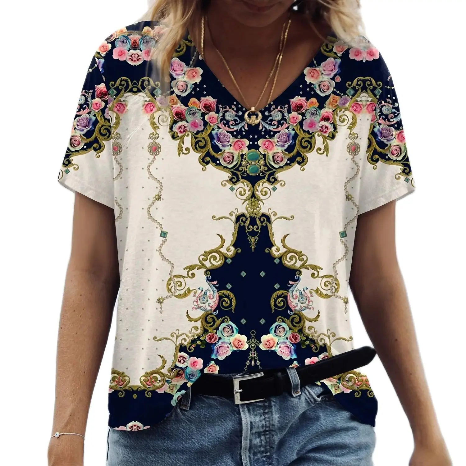 Купи Fashion T Shirt For Women 3d Flora Print V-neck Short Sleeve Tees Tops Summer Casual Female Y2k Clothes Oversized Women Clothing за 133 рублей в магазине AliExpress