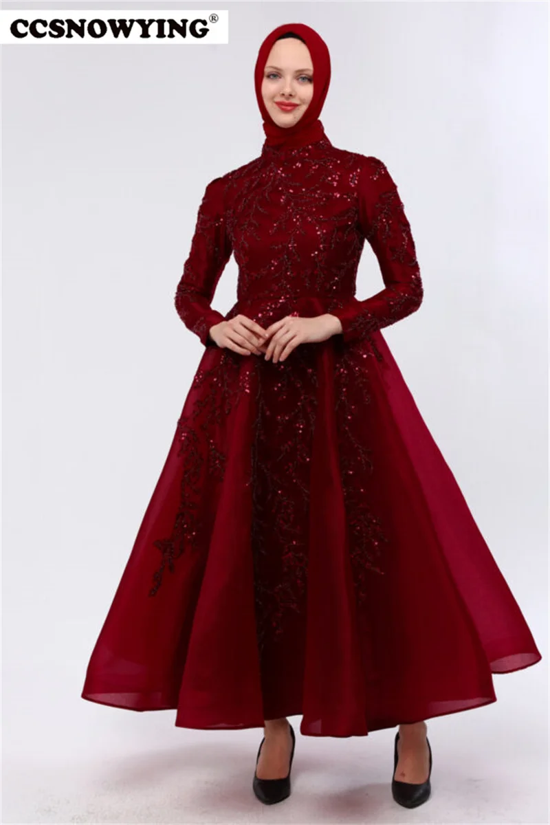 

Burgundy Organza Appliques Muslim Evening Dresses Full Sleeve Hijab Islamic Women Formal Party Gown Arabic Robe De Soiree