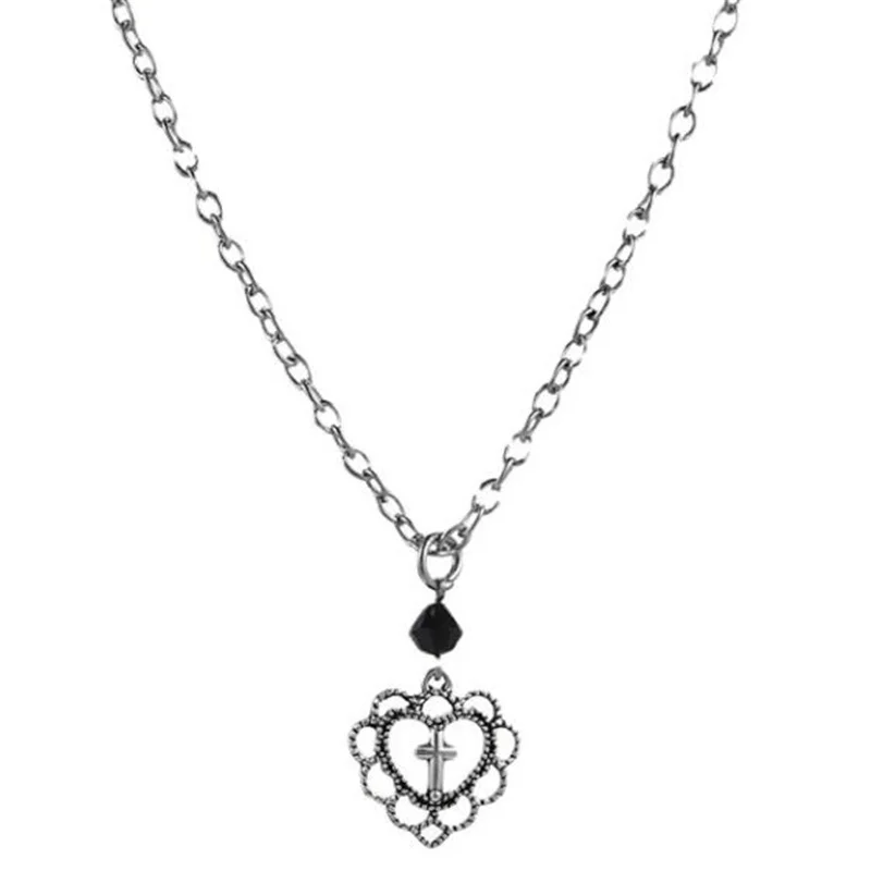 

New Silver Color Hollow Heart Cross Pendant Necklace Gothic Punk Female Chain Necklace Religion Belief Jewellery