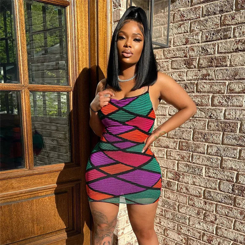 

Women's Summer Mesh Dress Women Fashion Suspenders Backless Hollow Out Sexy Hip Wrap Dress