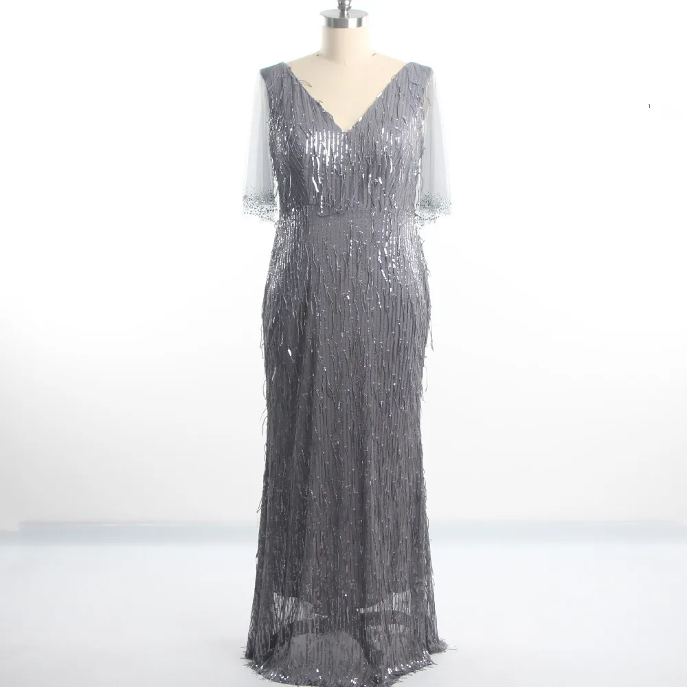 

Evening Dress Gray V-neck Zipper Back Tulle Crystal Sleeves Plus size Floor Length Mermaid Sequins Tassel Women Party Dress K030