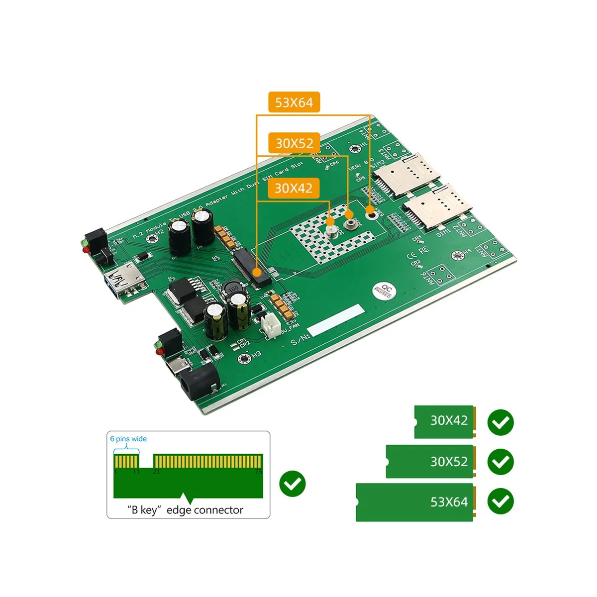 

NGFF(M.2) 4G/5G Module to USB 3.0 Adapter with Cooler Fan/Dual SIM Card Slot and Auxiliary Power with Fan and Housing