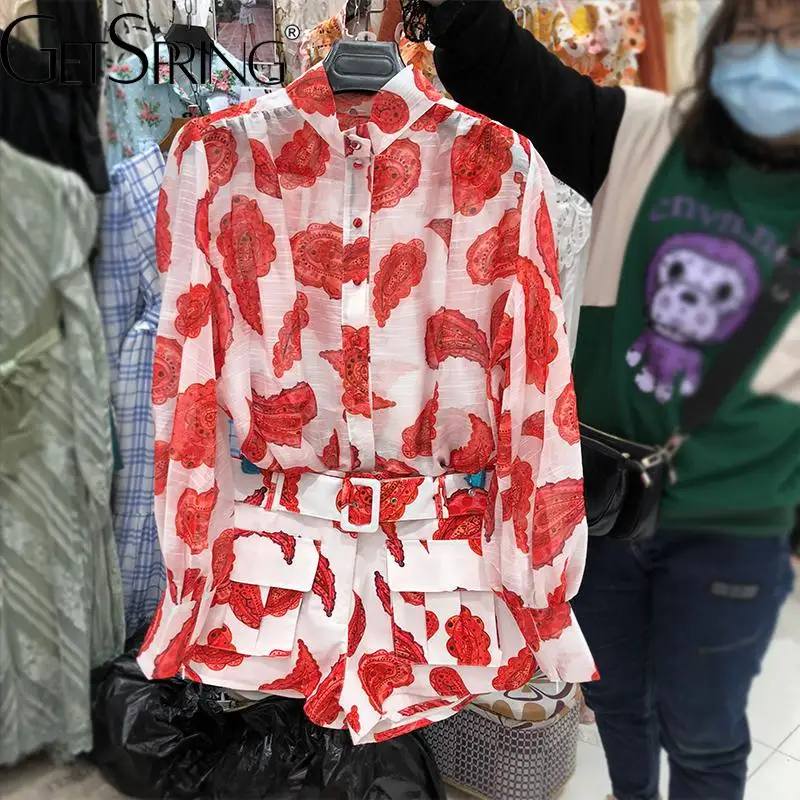 

GetSpring, женские рубашки и шорты, костюмы на весну и лето 2022, темпераментный принт, рукава-фонарики, шорты с поясом, комплекты из двух предметов,...