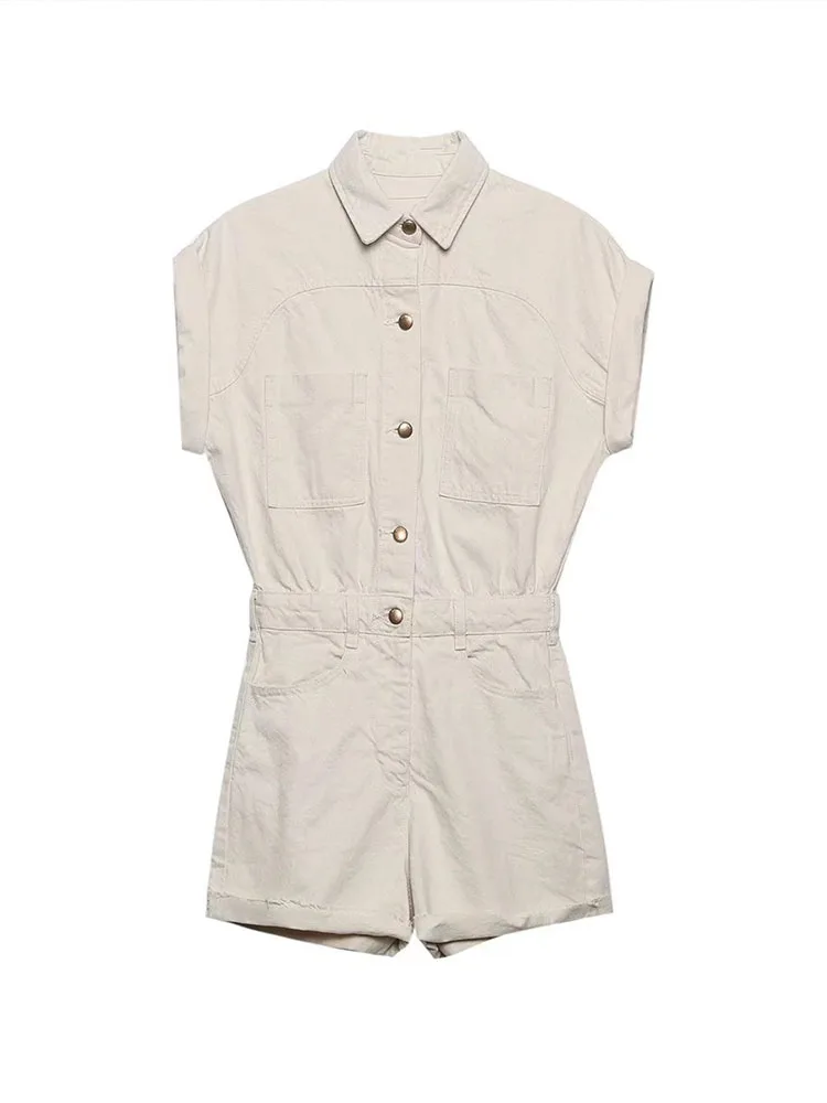 

PB&ZA 4979036 Women 2022 summer New Chic Fashion Denim short Playsuits Vintage lapel Female Short Jumpsuits Mujer 4979/036