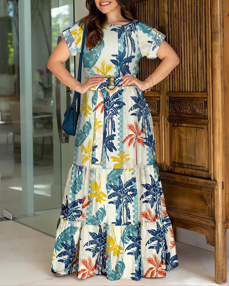 

Short Sleeved Printed Dress Contrast Color Multi-layered Stitching Belt Summer Lady New Tropical Rain Forest Printing and Dyeing