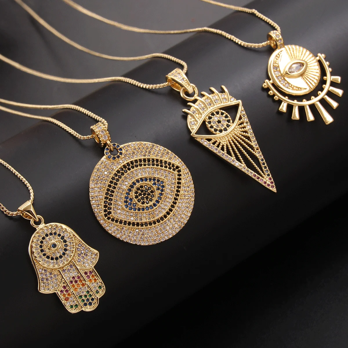 

MHS.SUN Heart/Hand/Round Pendants Necklaces Cubic Zircon Evil Eye Chain Necklace For Women Men Vintage Gold Color Jewelry Amulet