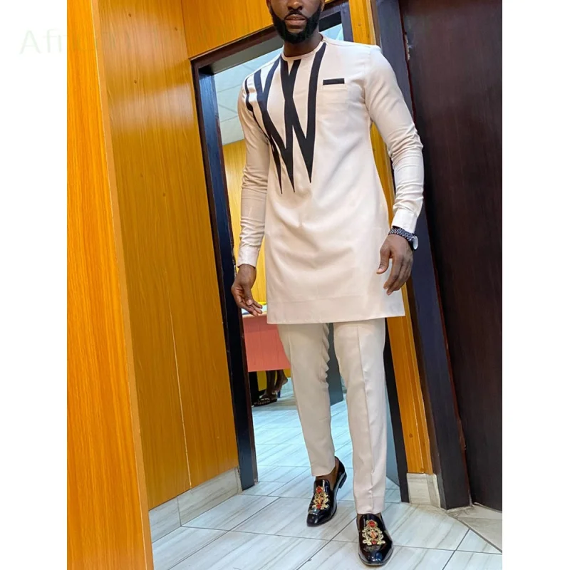 New Men's Clothing Ethnic Style Men's Long-Sleeved round Neck Clothes and Trousers 2 Pieces Set Solid Color Casual Men's Suit