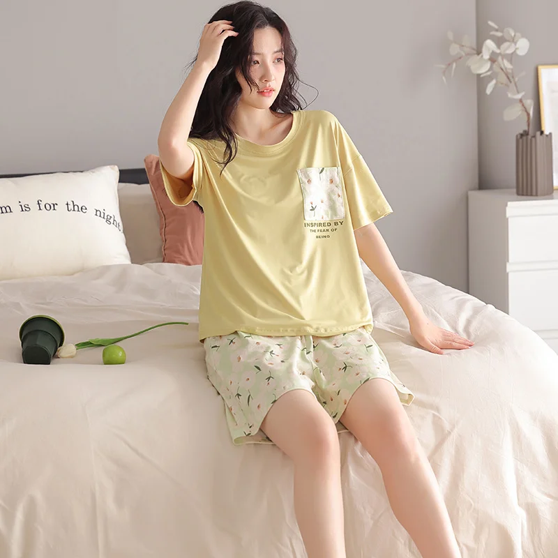 

Milk Silk Summer 2 Piece Pajamas Set Round Collar Pijamas Shorts Set Pijamas Loose Size Leisure Sleepwear Homesuit for Women