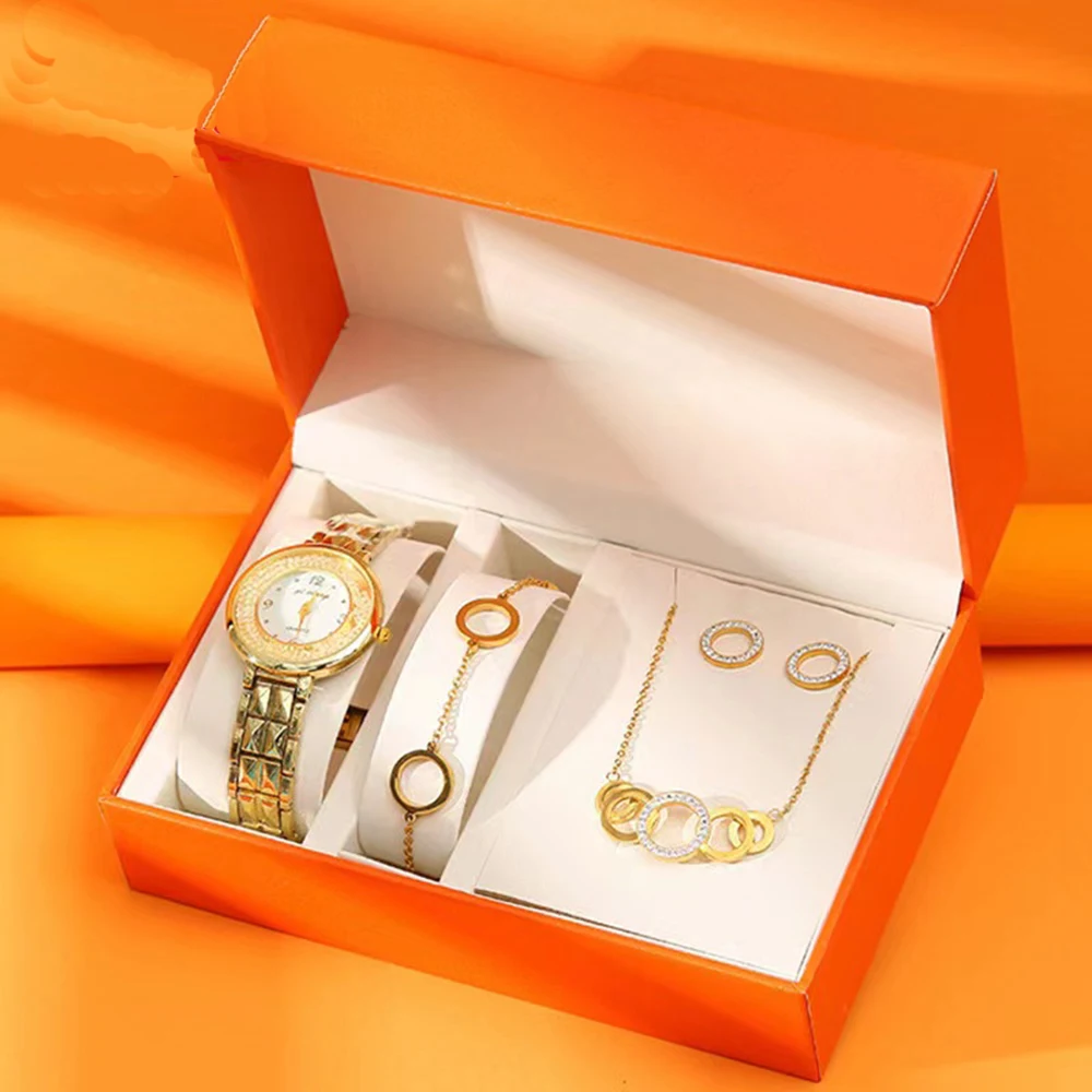 

Women's Quartz Watches Necklace Bracelet Earrings Ring Gift Box Sets Luxury Wristwatch For Female Fashion Rhinestone Jewelry