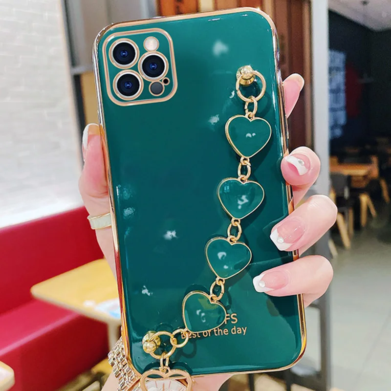 For iPhone 13 12 11 Pro Max mini X XS XR XSMax 6S 7 8 Plus SE2020 Case Luxury Plating Love Bracelet Wrist Chian Strap soft Cover