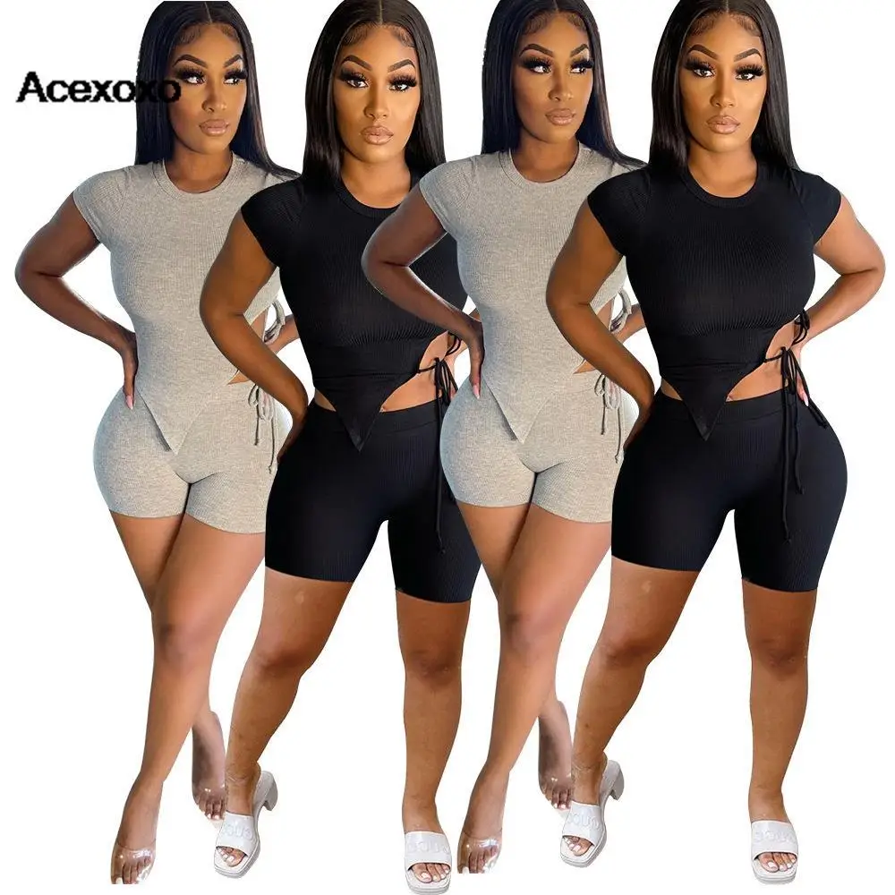 

2023 new summer Europe and the United States fashion women's pit strap solid color two-piece short-sleeved suit women