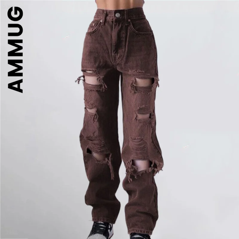 

Ammug Vintage Brown Ripped Woman's Distressed Jeans Streetwear Hip Hop High Waist Pants Fashion Straight Denim Trousers Ladies