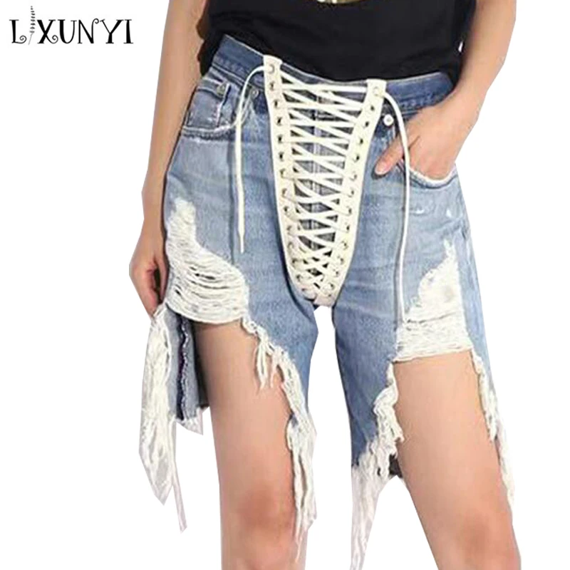 

LXUNYI Jeans Shorts Women Hight Waist Spring Summer 2022 Hole Design Lace-Up Bandage Fashion Slim Beggar Denim Shorts Blue