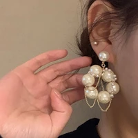 purui korean sweet big pearl hollow round drop earrings for women fashion metal chain pearl earrings memorial day jewelry gift