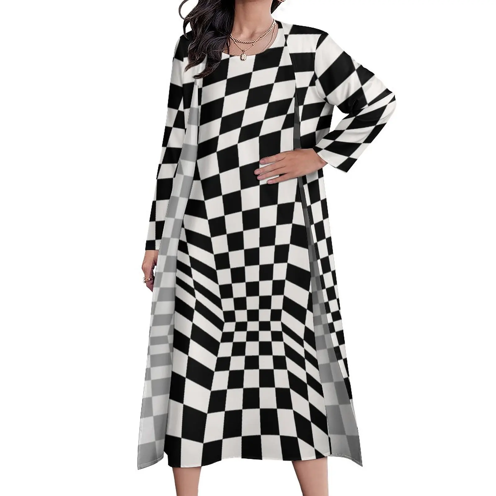 

Retro Mod Dress Black And White Check Cute Maxi Dress Street Wear Boho Beach Long Dresses Long Sleeve Graphic Oversize Clothes