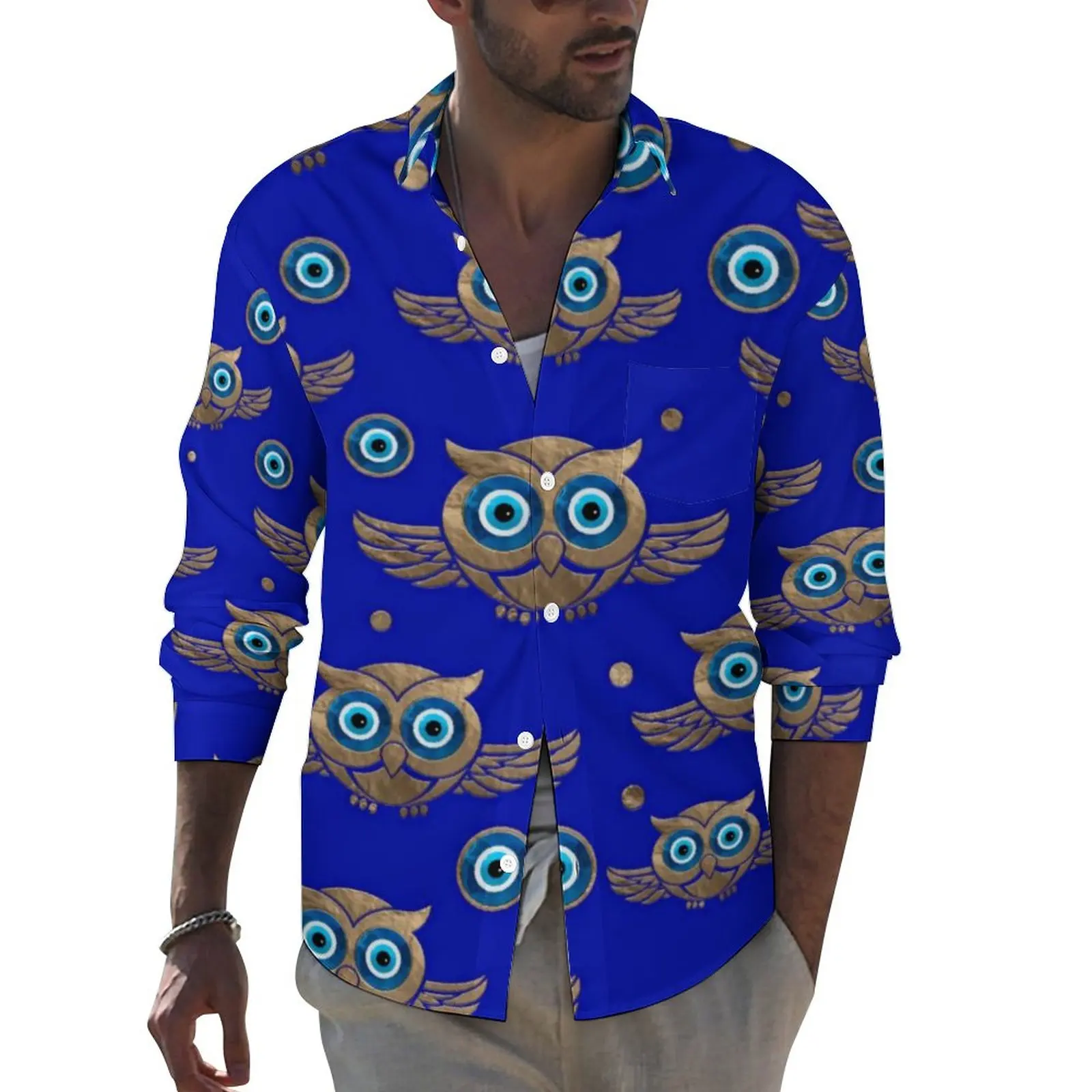 

Cute Owl Print Stylish Casual Shirt Man Evil Eye Pattern Shirt Spring Fashion Blouses Long Sleeve Design Oversized Tops