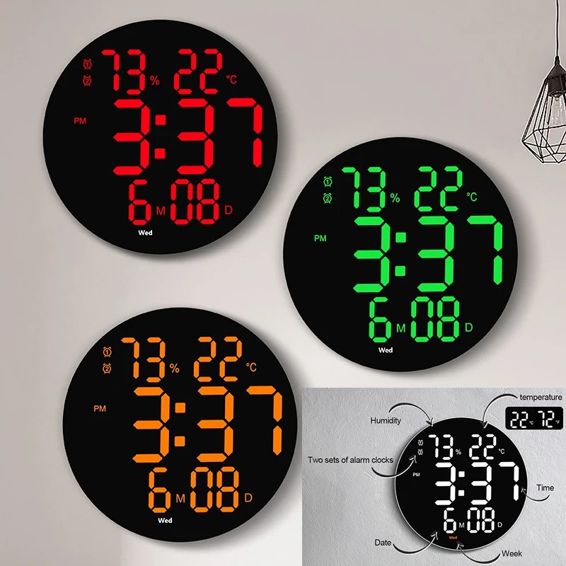 10-дюймовые круглые Настенные часы с большим экраном цифровые 12/24 часов