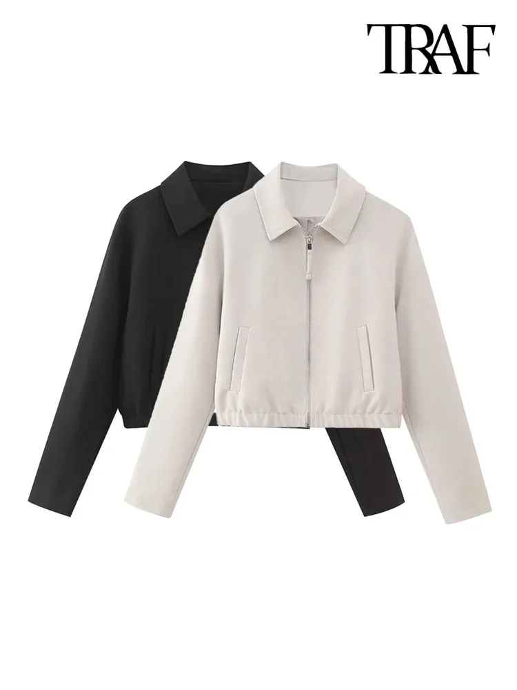 

TRAF Women Fashion Front Zipper Cropped Bomber Jacket Vintage Long Sleeve Elastic Hem Female Outerwear Chic Tops
