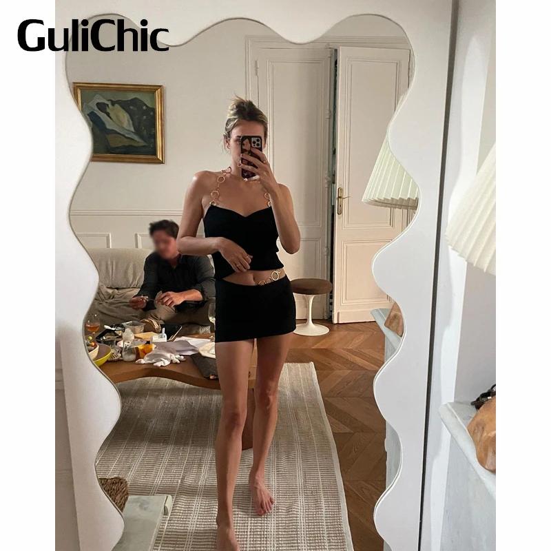 

11,3 GuliChic Женская винтажная Сексуальная Черная майка с открытой спиной и лямкой на шее с цепочкой и вырезом сердечком тонкая трикотажная майк...