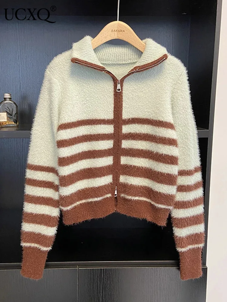 

UCXQ Striped Contrast Zipper Cardigan Coat Women Long Sleeve Lapel Warmth Outwears Sweater Jacket 2023 Autumn Winter New 23A5243