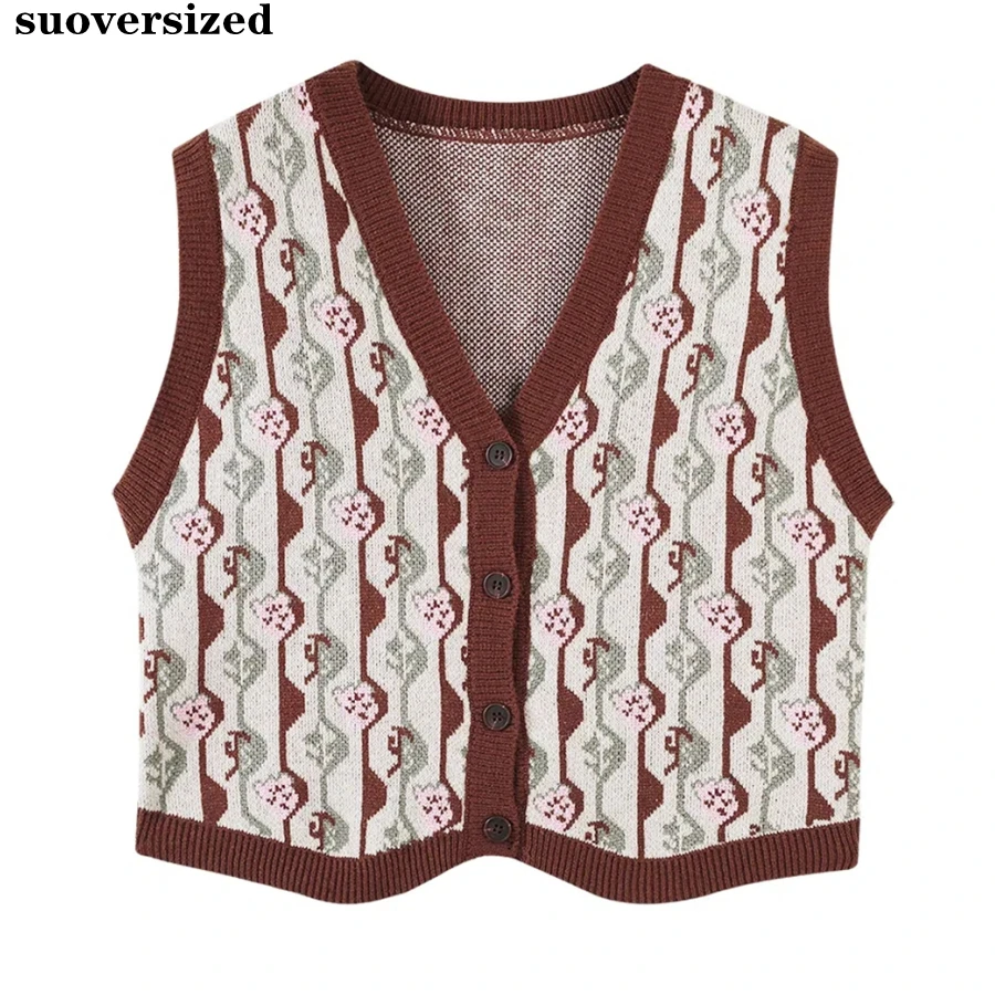 

Flowers Vintage V-Neck Knitted Sweater Vest Women Spring Fall Sleeveless Jacket Korean Loose Gilet Streetwear Cardigan Coat