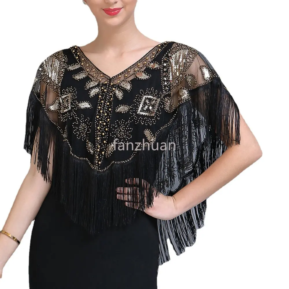 

Women 1920s Great Gatsby Sequined Shawl with Tassels Beaded Pearl Fringe Sheer Mesh Wraps Gatsby Flapper Bolero Cape Cover Up