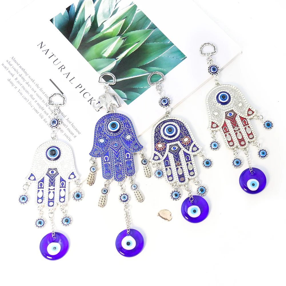 

Muslim Muhammad Fatima Right Hand Turkey Blue Devil's Eye Nazar Boncuğu Ward Off Evil Bead Metal Key Chain Amulet Mascot Decor