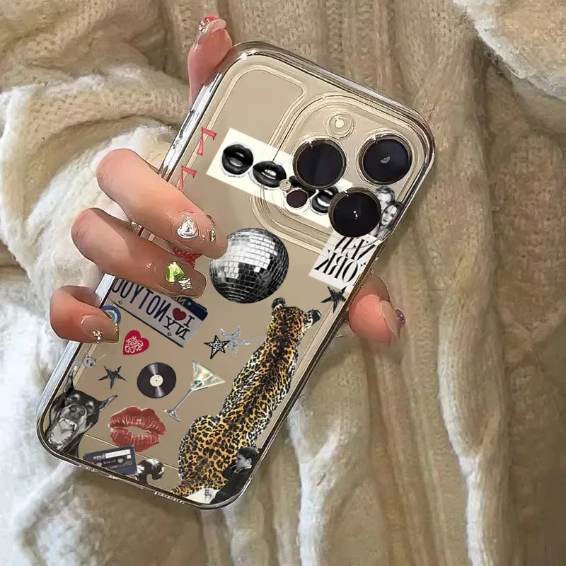 Trendy Disco Ball Leopard Phone Case for IPhone 16 15 14 13 12 11 Mini Pro Max X XR XSMax 7 8 Plus Transparent Soft TPU Cover